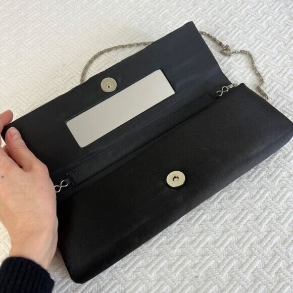 La Diva Black Satin Silver Tone Hardware Women's Clutch Shoulder Bag Purse - Picture 6 of 15